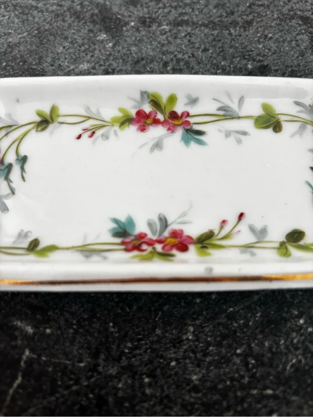 Porcelain Handpainted Floral Soap Dish - White, pink, green, with gold Trim